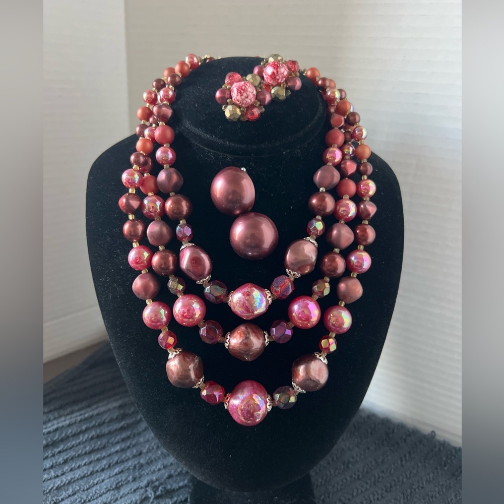 Vintage Elegant Coppery Plum Beaded Necklace & 2 Clip Earring Sets (D03)
